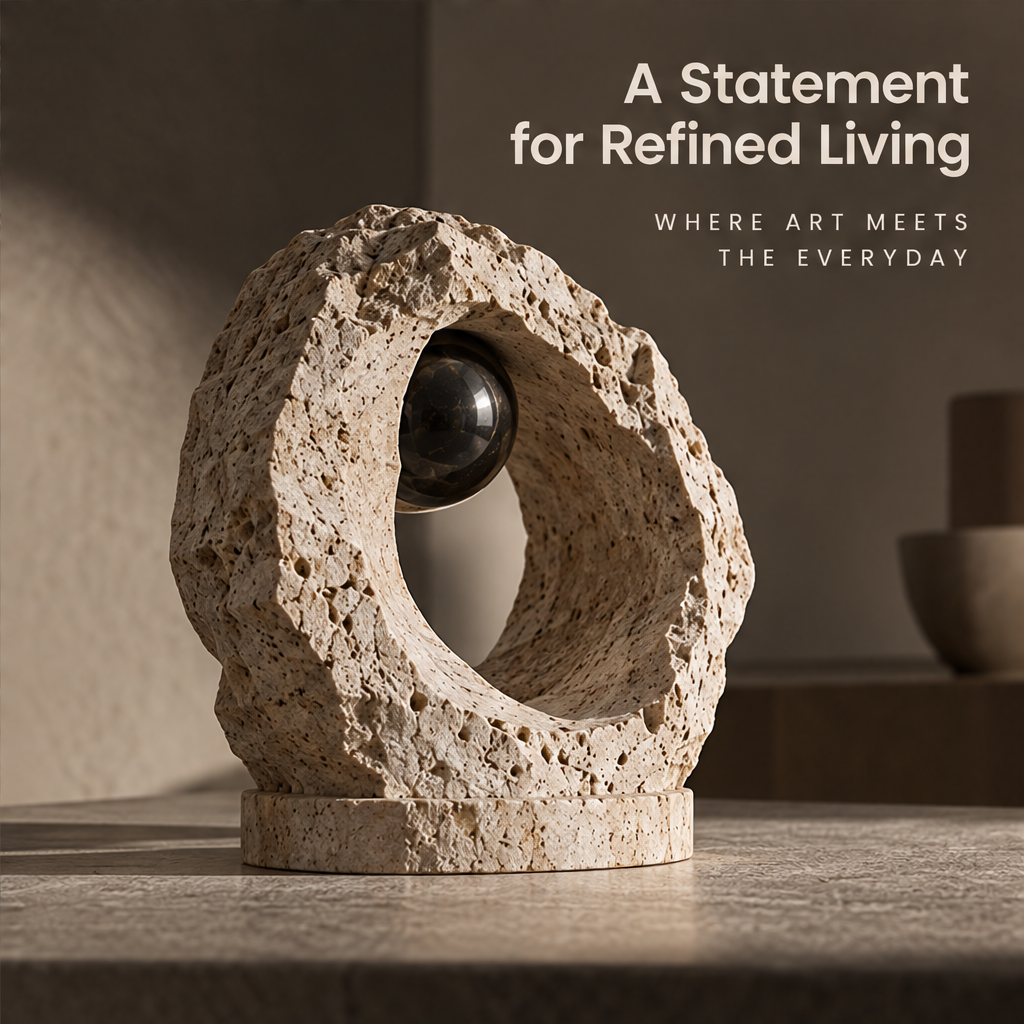 Rough ring orb sculpture displayed on a neutral tabletop