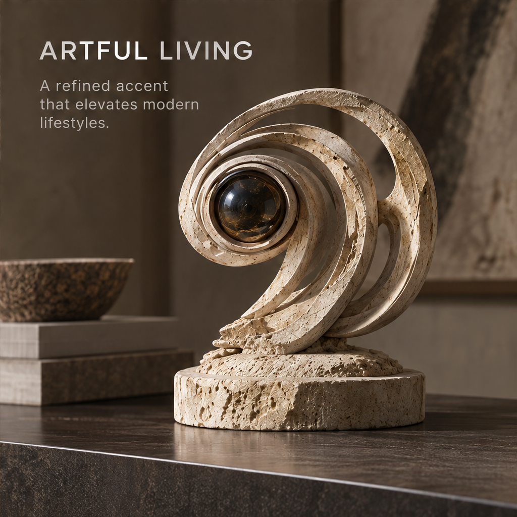 Front view of the abstract spiral sculpture with dark central orb