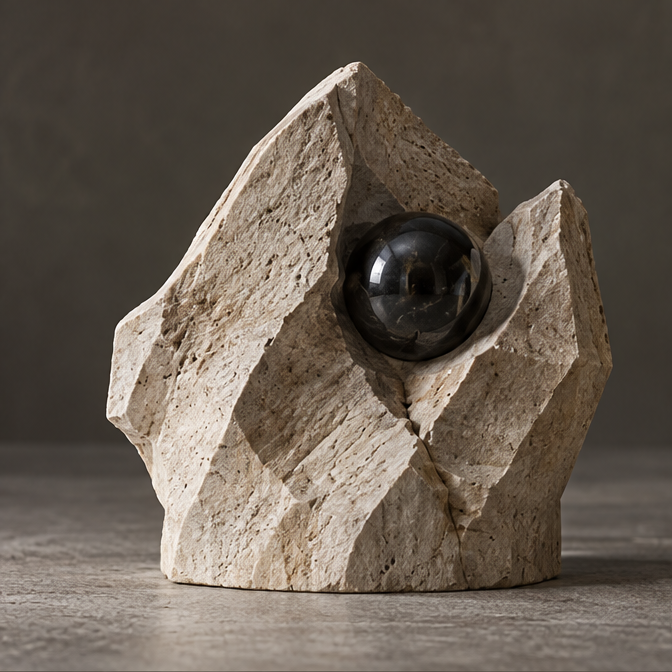 Ivory-toned twin peaks sculpture framing a glossy black orb, without text