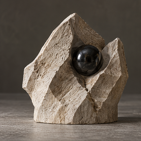 Ivory-toned twin peaks sculpture framing a glossy black orb, without text