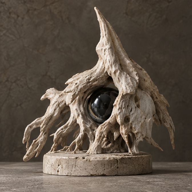 Ivory-toned root spire sculpture with branching forms and a glossy dark orb, without text