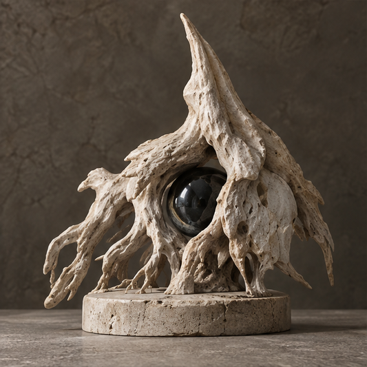 Ivory-toned root spire sculpture with branching forms and a glossy dark orb, without text