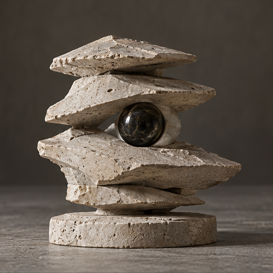 Ivory-toned stacked slab sculpture with a dark orb and circular base, without text