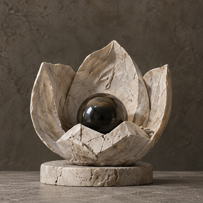 Ivory-toned layered petal sculpture surrounding a glossy dark orb, without text