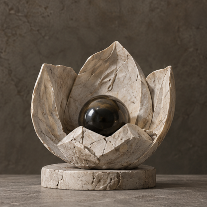 Ivory-toned layered petal sculpture surrounding a glossy dark orb, without text