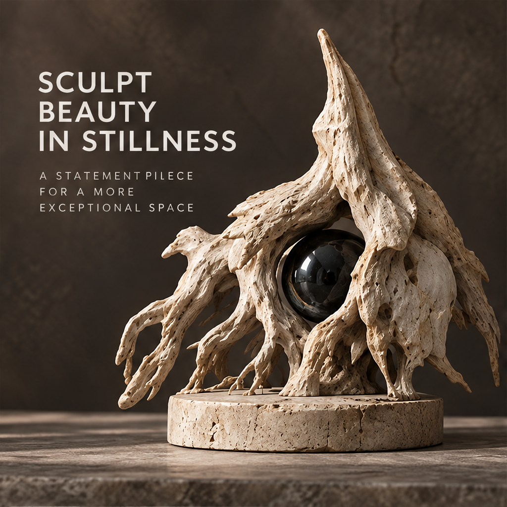 Root spire orb sculpture styled on a console beside a dark vase