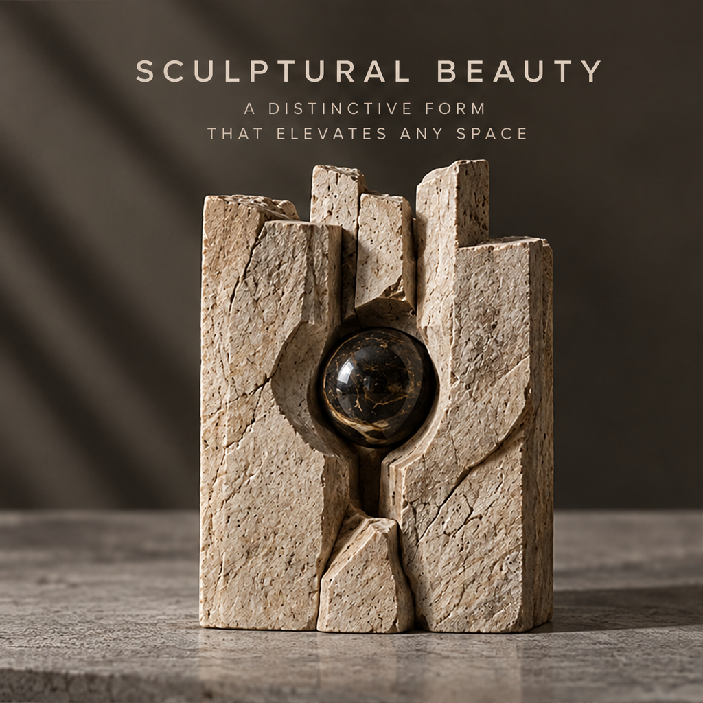 Architectural pillars orb sculpture styled beside a dark vase