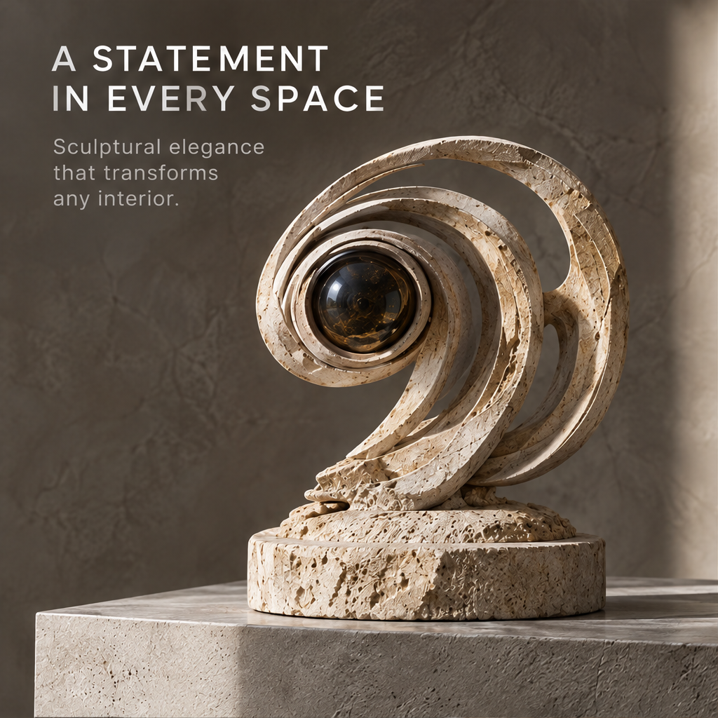 Abstract spiral orb sculpture styled on a console