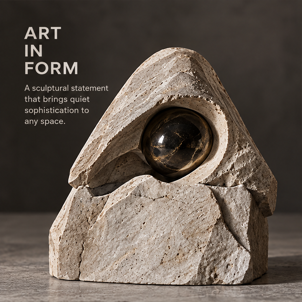 Front view of the peaked sculpture framing a glossy dark orb