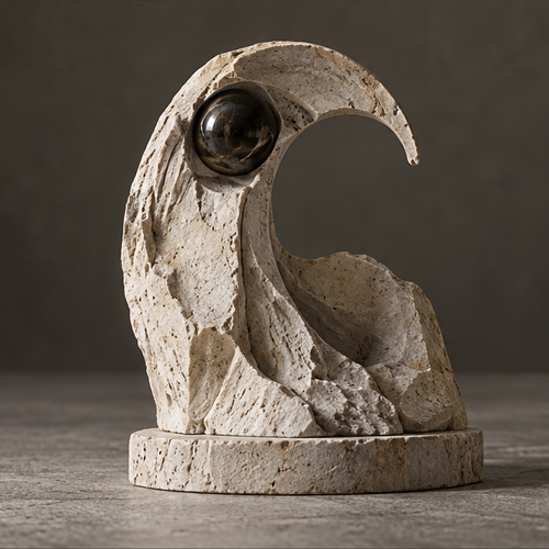 Ivory-toned crest wave orb sculpture with an open center and circular base, without text
