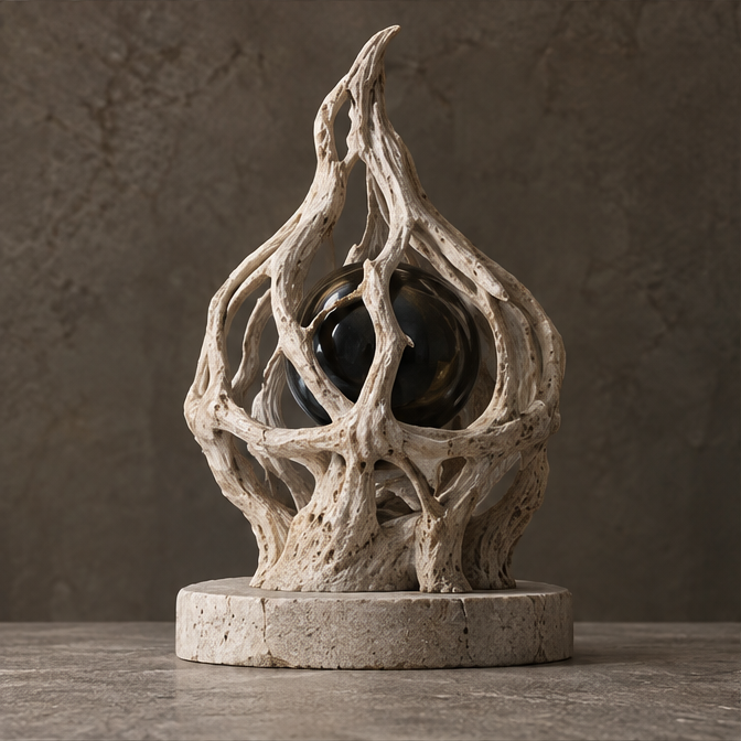 Ivory-toned flame cage sculpture with openwork branches around a dark orb, without text