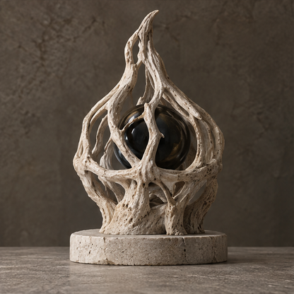 Ivory-toned flame cage sculpture with openwork branches around a dark orb, without text