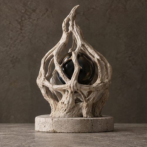 Ivory-toned flame cage sculpture with openwork branches around a dark orb, without text