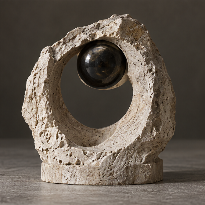 Ivory-toned rough ring sculpture with a glossy dark orb at the top of its opening, without text