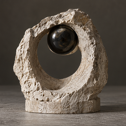 Ivory-toned rough ring sculpture with a glossy dark orb at the top of its opening, without text