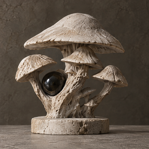 Ivory-toned mushroom cluster sculpture with a glossy dark orb and circular base, without text