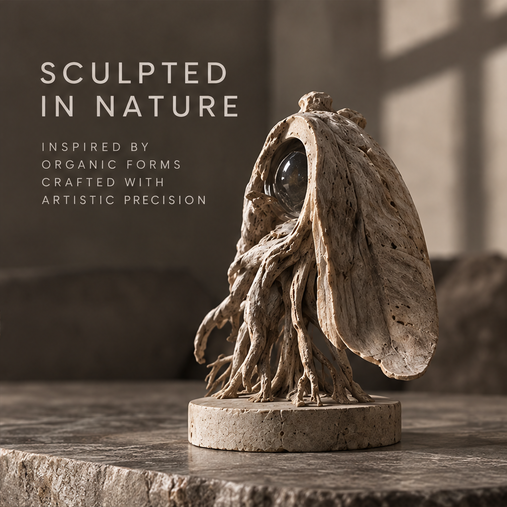 Draping leaf orb sculpture styled on a console beside books and a bowl