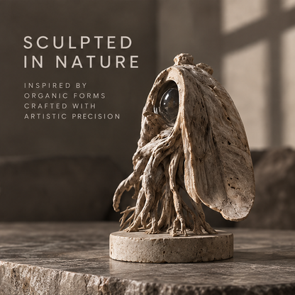 Draping leaf orb sculpture styled on a console beside books and a bowl