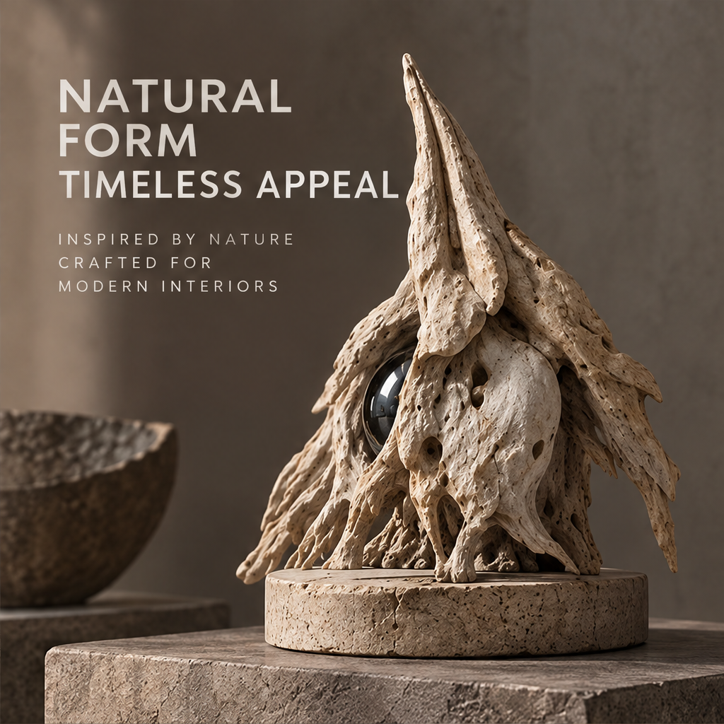 Angled view showing cavities and winding root-like sculptural details