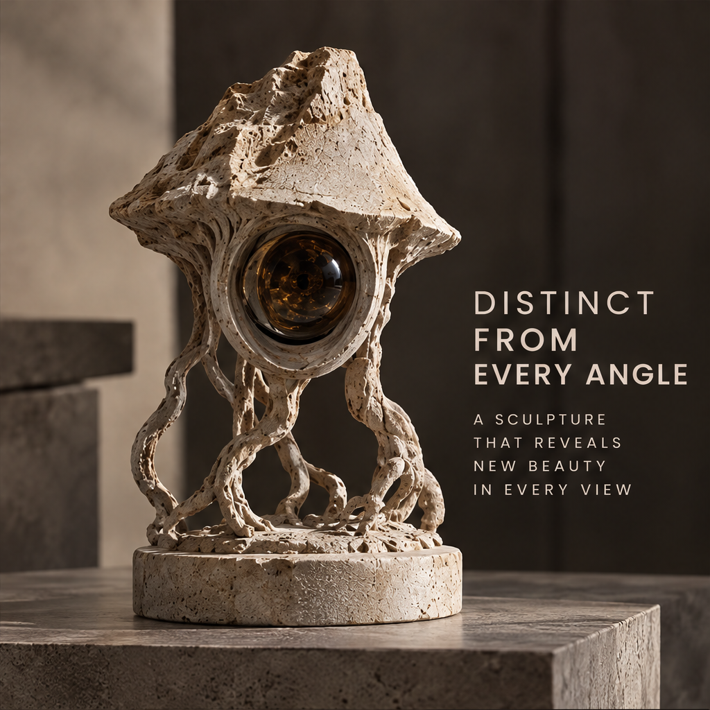 Close-up of the glossy brown-black orb and textured rounded frame