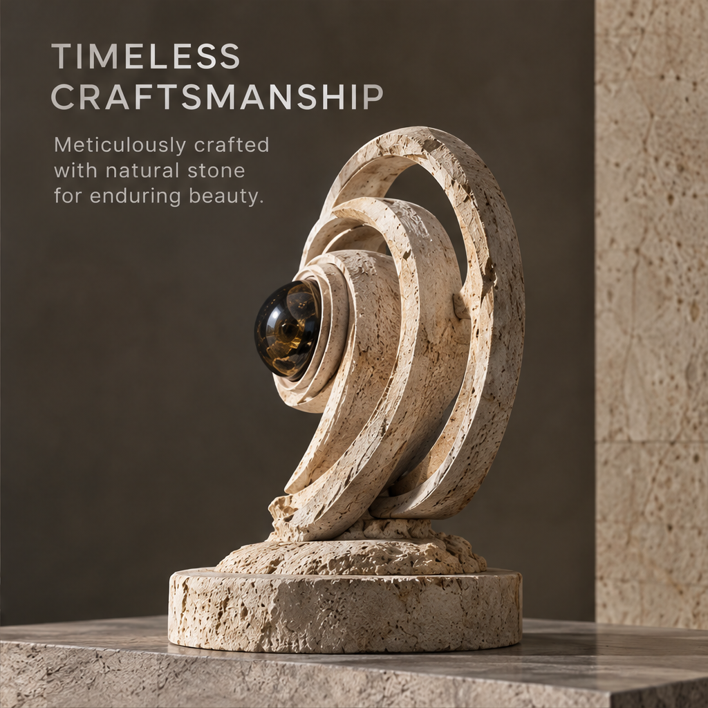 Close-up of the glossy dark orb and textured ivory-toned arcs