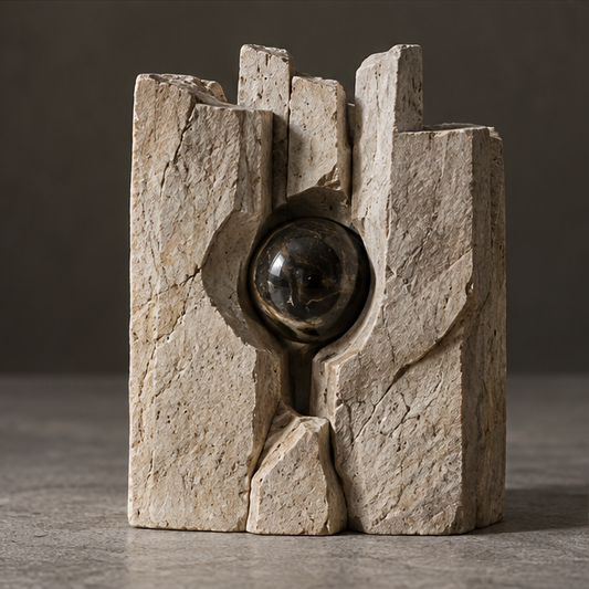 Ivory-toned staggered pillars sculpture framing a glossy dark orb, without text