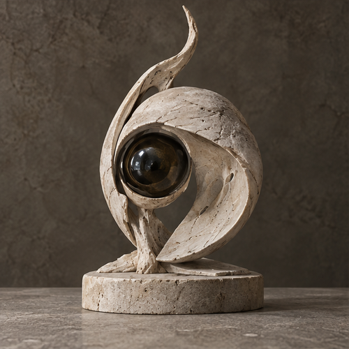 Ivory-toned curled shell orb sculpture with a rising curved tip, without text