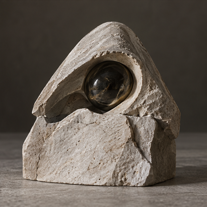 Ivory-toned summit orb sculpture with a triangular profile and curved recess, without text