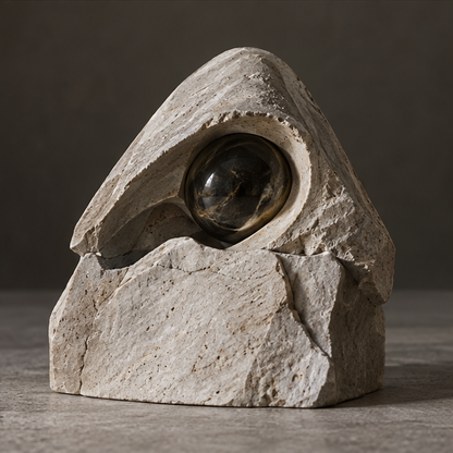 Ivory-toned summit orb sculpture with a triangular profile and curved recess, without text