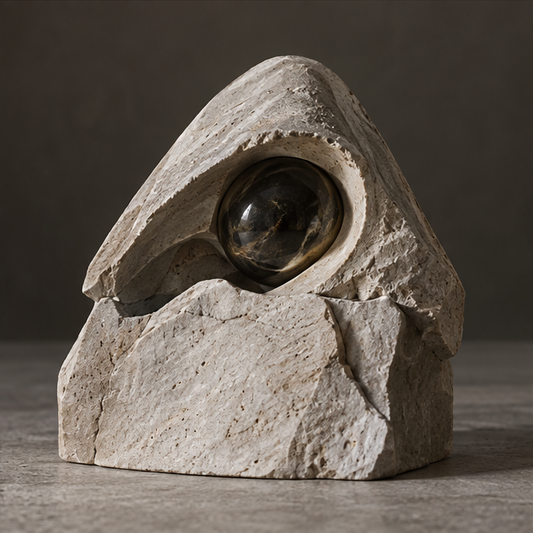 Ivory-toned summit orb sculpture with a triangular profile and curved recess, without text