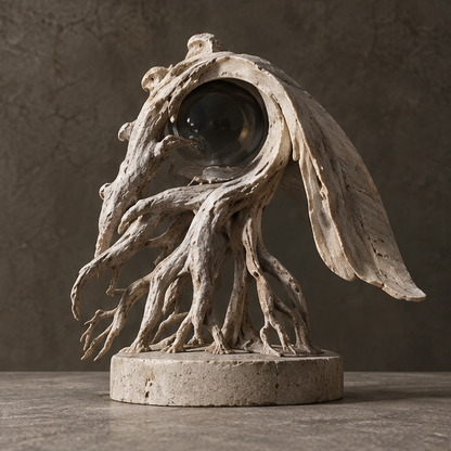 Ivory-toned draping leaf orb sculpture with branching supports, without text