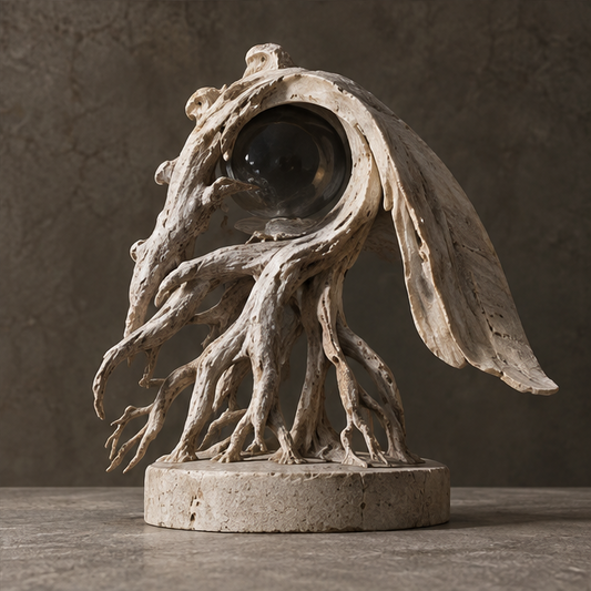 Ivory-toned draping leaf orb sculpture with branching supports, without text
