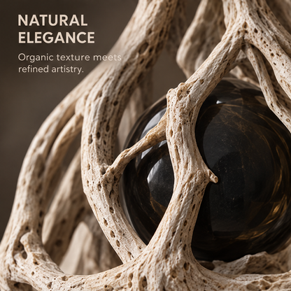 Close-up of textured ivory-toned branches framing the glossy orb