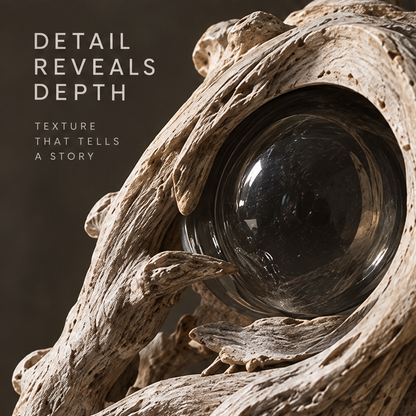 Close-up of the glossy dark orb and textured branching surround