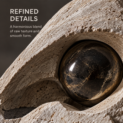 Summit orb sculpture styled on a console beside books and a bowl