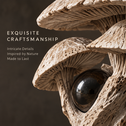 Mushroom cluster sculpture styled beside books and a bowl
