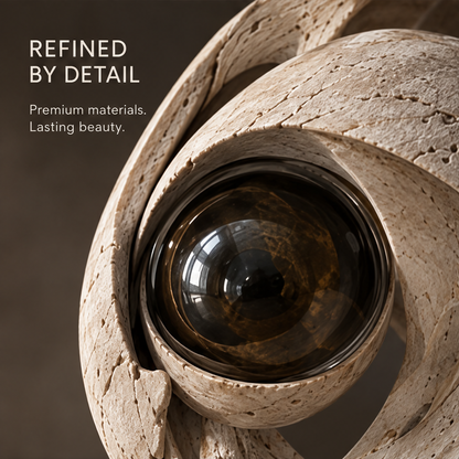 Curled shell orb sculpture styled on a console beside books