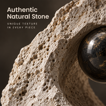 Close-up of pitted ivory-toned texture and glossy dark orb