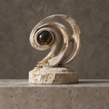 Ivory-toned spiral orb sculpture on a round pedestal without text