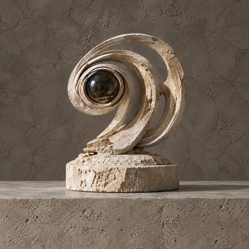 Ivory-toned spiral orb sculpture on a round pedestal without text