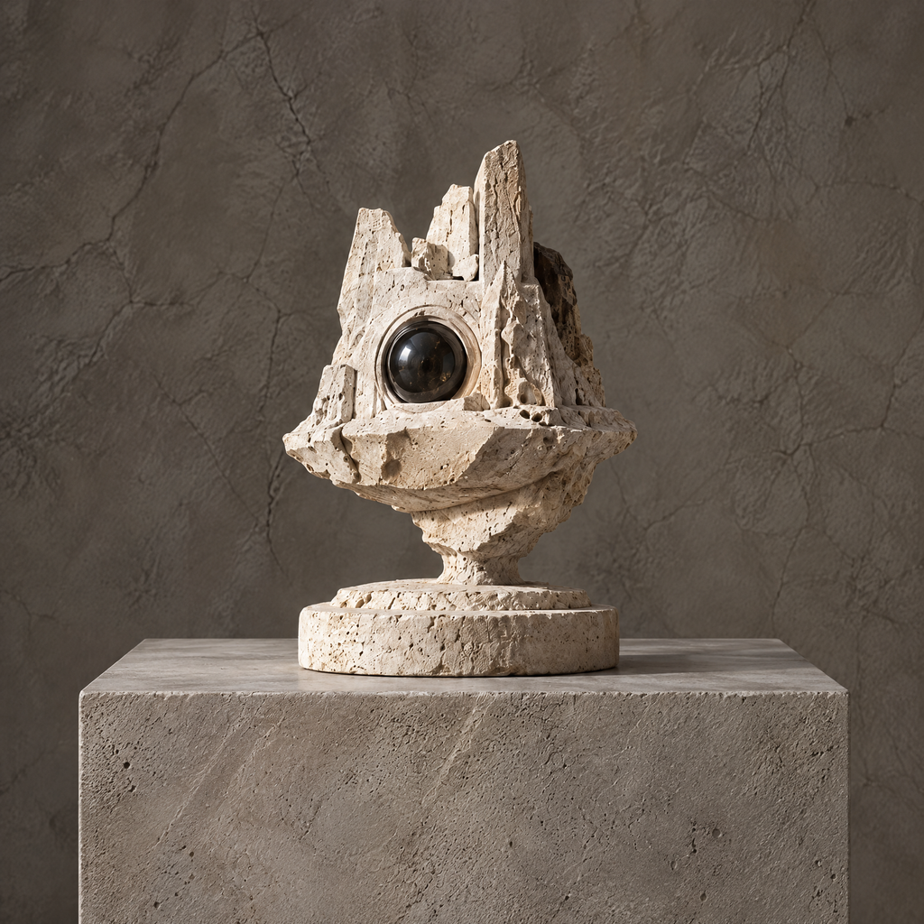 Ivory-toned crag orb sculpture with jagged peaks and circular pedestal, without text
