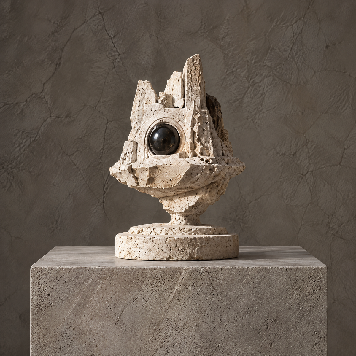 Ivory-toned crag orb sculpture with jagged peaks and circular pedestal, without text