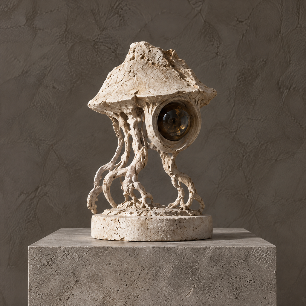 Ivory-toned canopy orb sculpture with winding openwork supports, without text