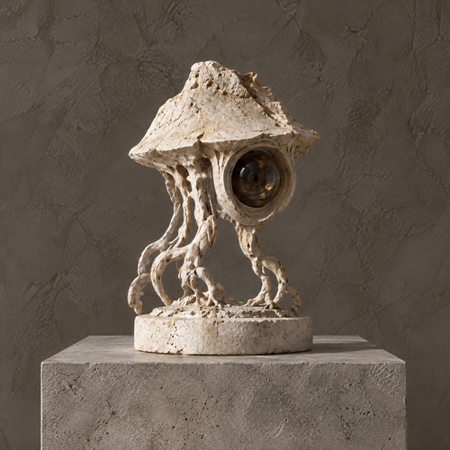 Ivory-toned canopy orb sculpture with winding openwork supports, without text
