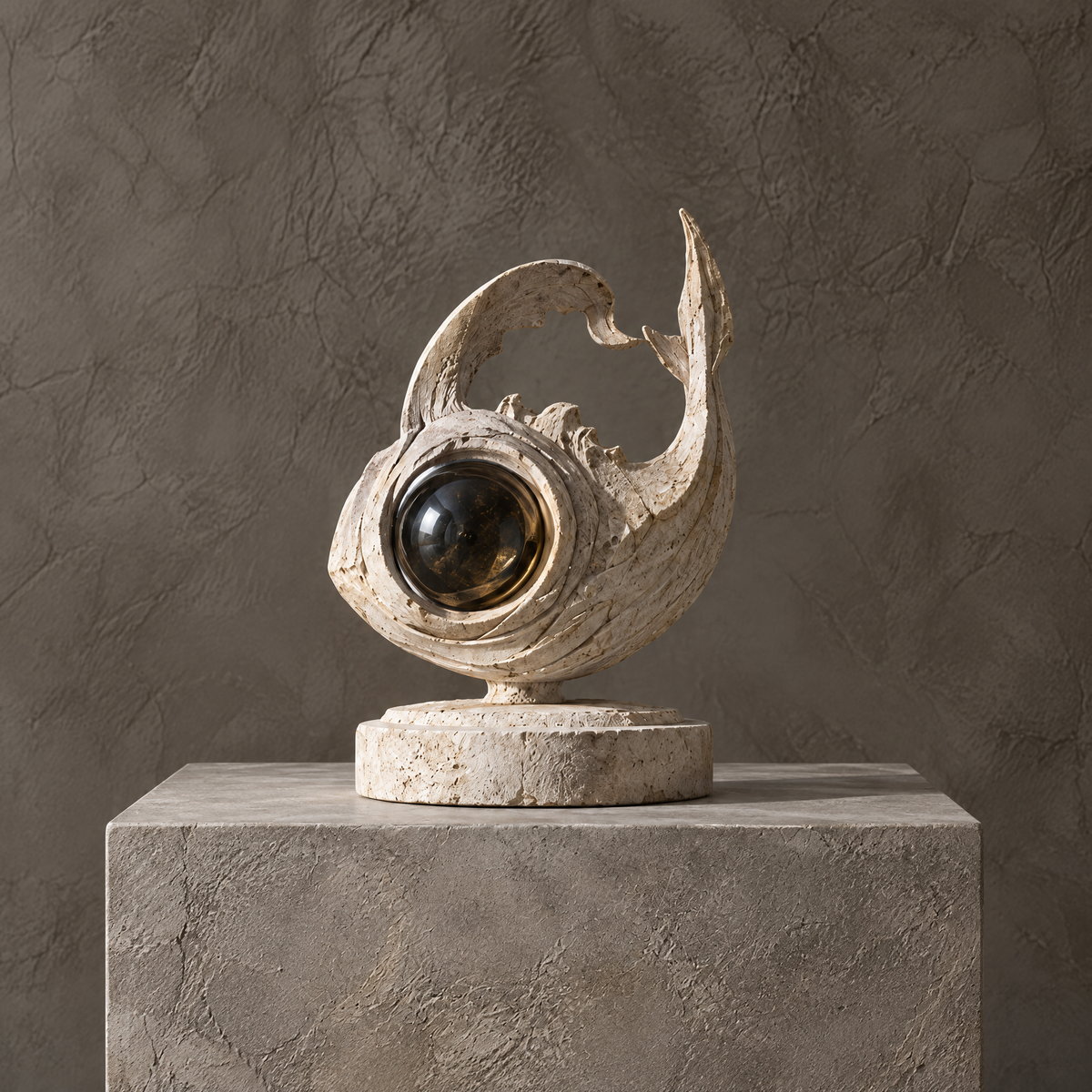 Ivory-toned curving-tail fish sculpture on a circular pedestal without text