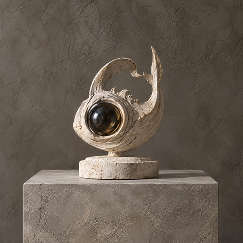 Ivory-toned curving-tail fish sculpture on a circular pedestal without text