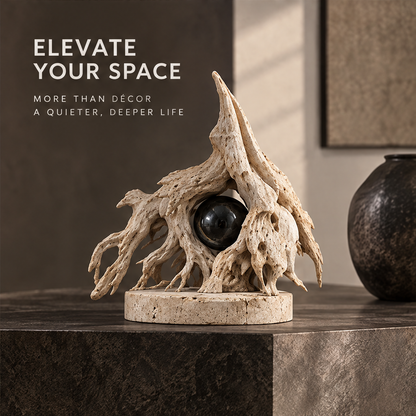 Close-up of the glossy veined dark orb framed by textured branching forms