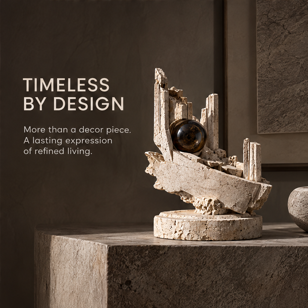 Architectural orb sculpture styled on a console